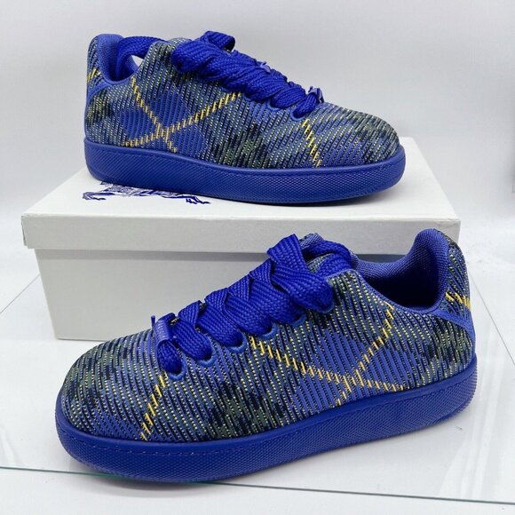 Burberry Box Knit Low Up Men’s Sneakers Blue Check Lace Up EU 45 US 12 - Picture 2 of 12